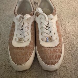 Michael Kors White and Tan Monogram Sneakers